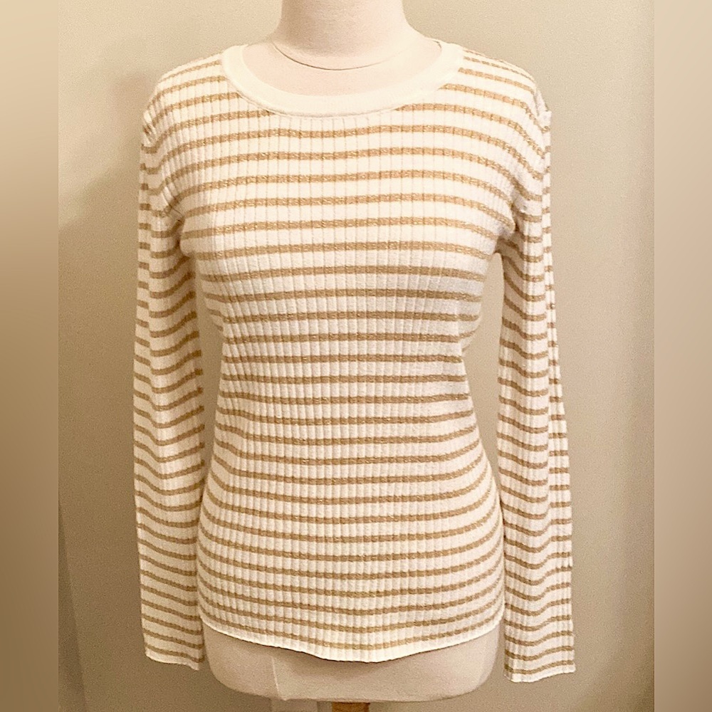 Nine West Cream Gold Metallic Striped Long Sleeve Ribbed Coastal Sweater Size L